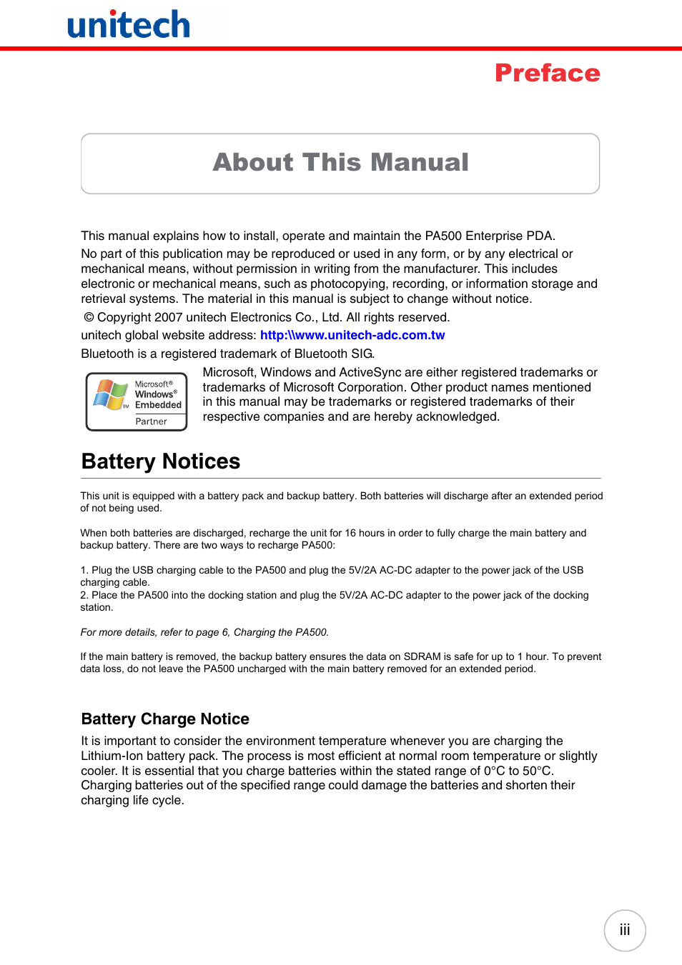 About this manual, Notices, Battery charge notice | Preface about this manual, Battery notices | Unitech PA500 User Manual | Page 3 / 84