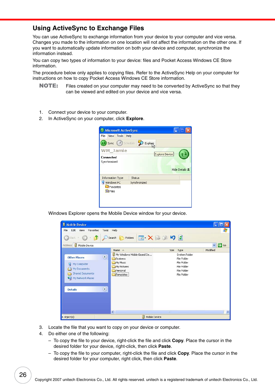 Using activesync to exchange files | Unitech PA500 User Manual | Page 32 / 84