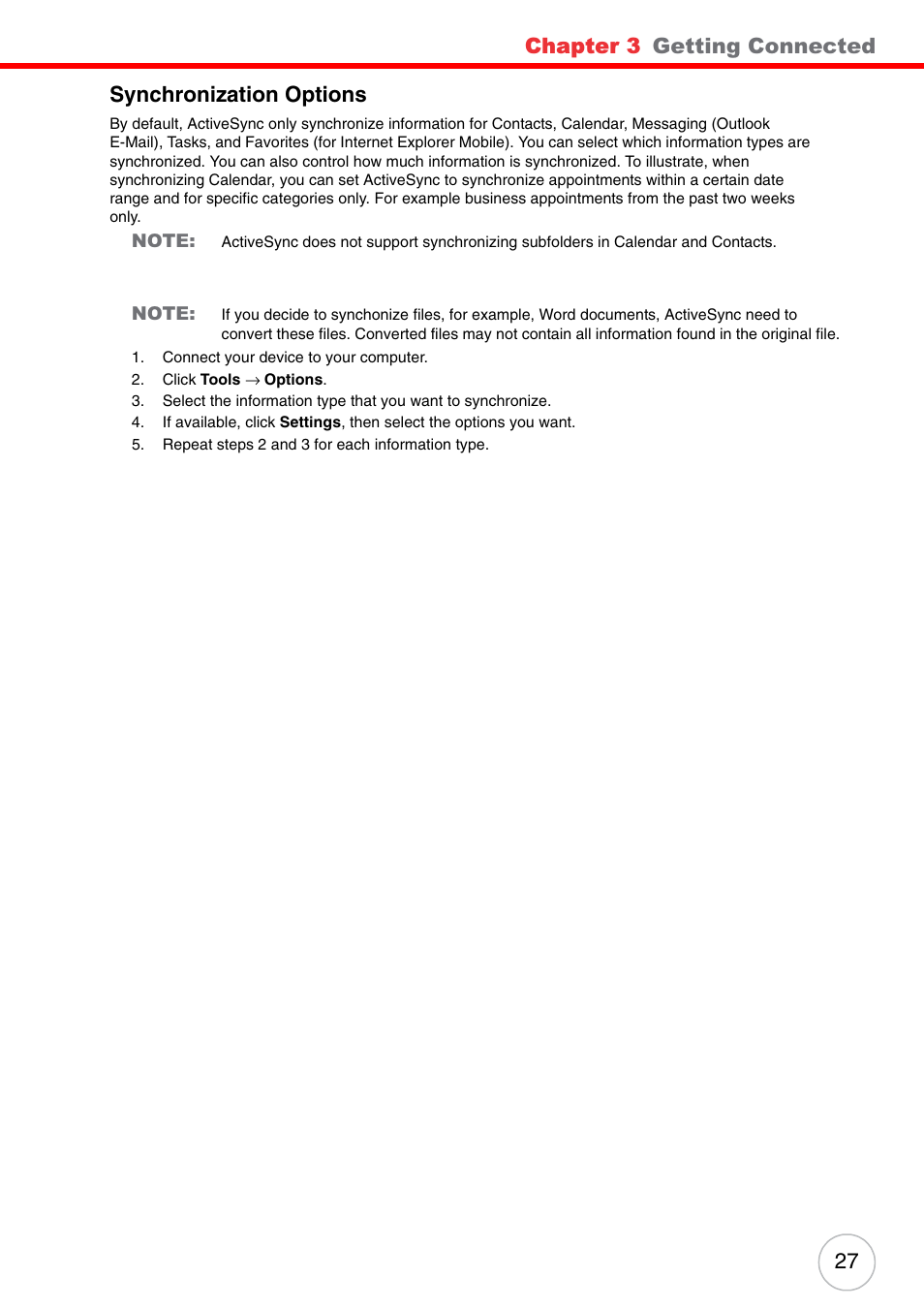 Synchronization options, Chapter 3, Getting connected | 27 synchronization options | Unitech PA500 User Manual | Page 33 / 84