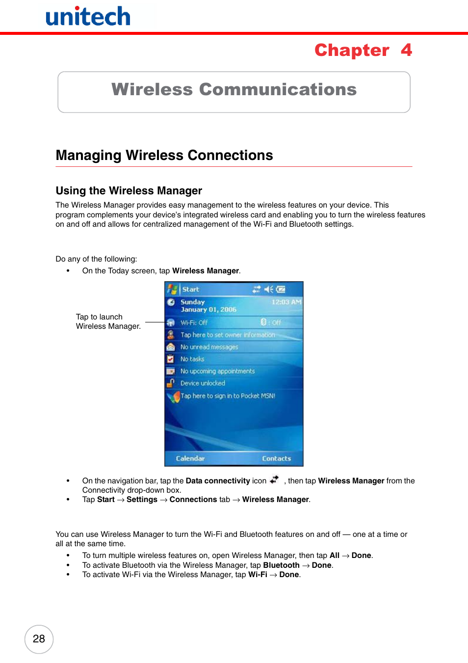 Chapter 4 wireless communications, Managing wireless connections, Using the wireless manager | Chapter 4, Wireless communications | Unitech PA500 User Manual | Page 34 / 84
