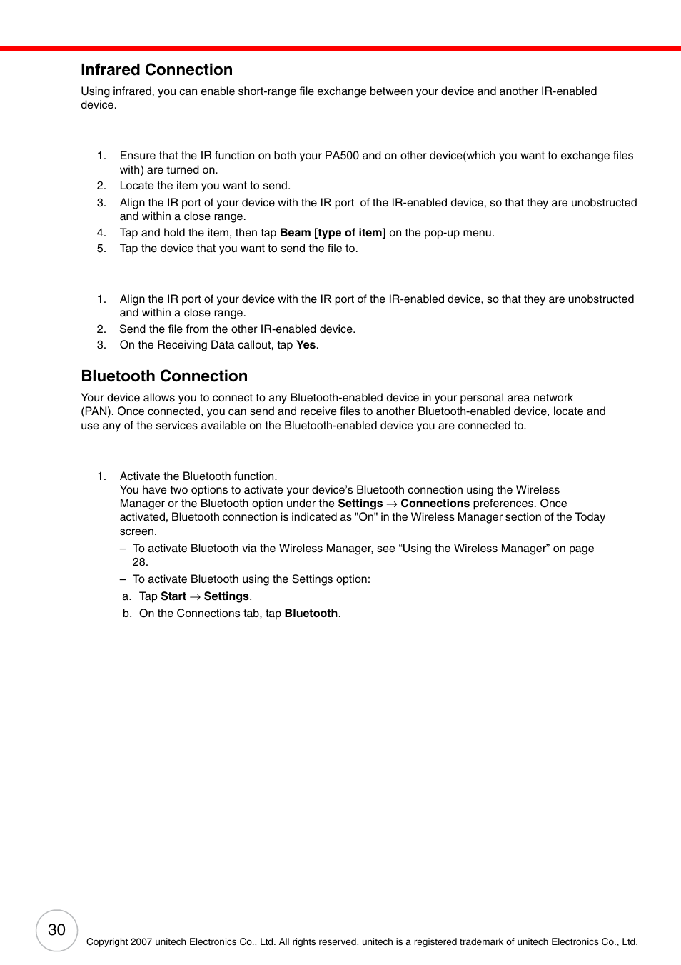 Infrared connection, Bluetooth connection, Infrared connection bluetooth connection | Unitech PA500 User Manual | Page 36 / 84