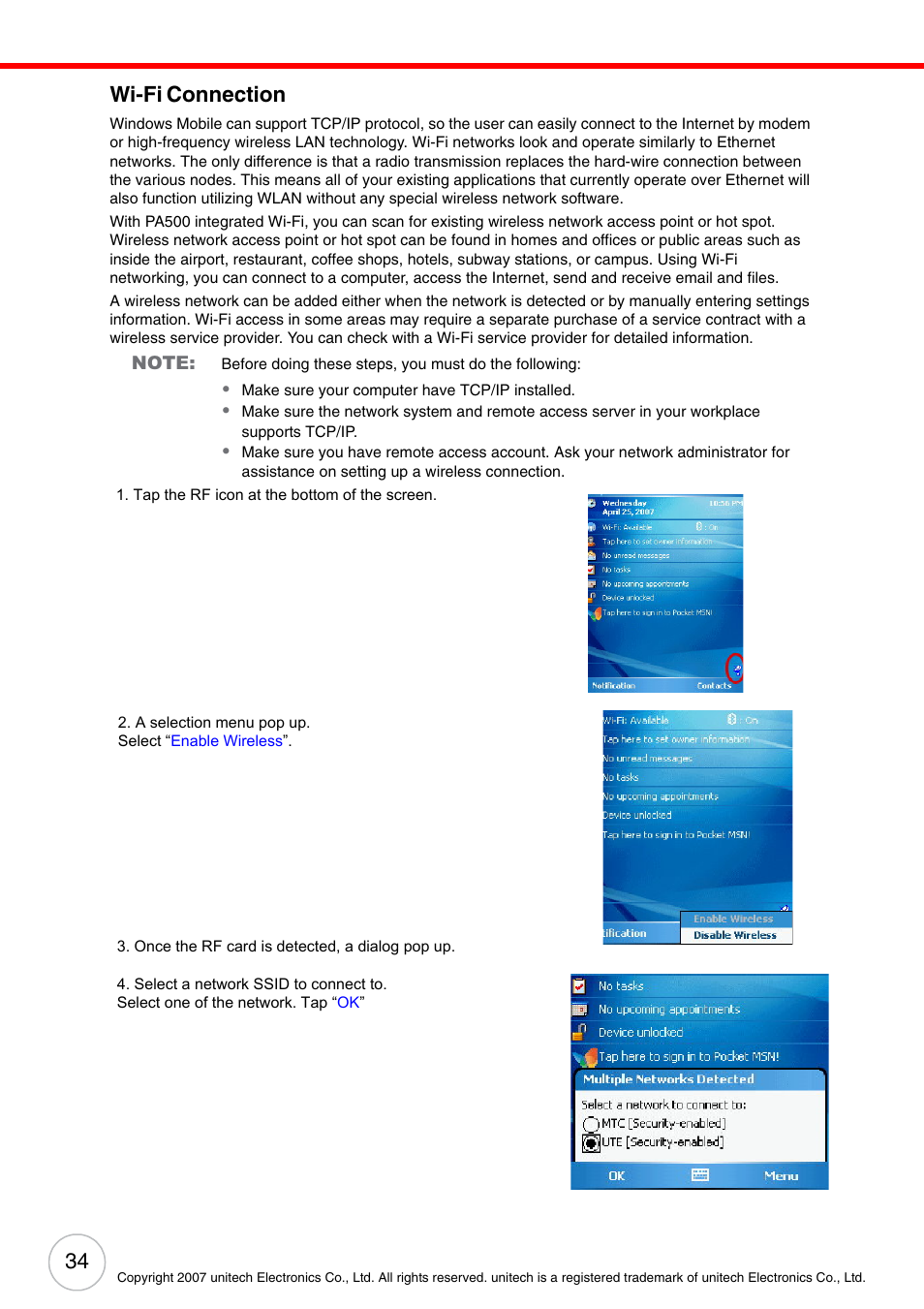 Wi-fi connection, Wi-fi, Connection | Unitech PA500 User Manual | Page 40 / 84