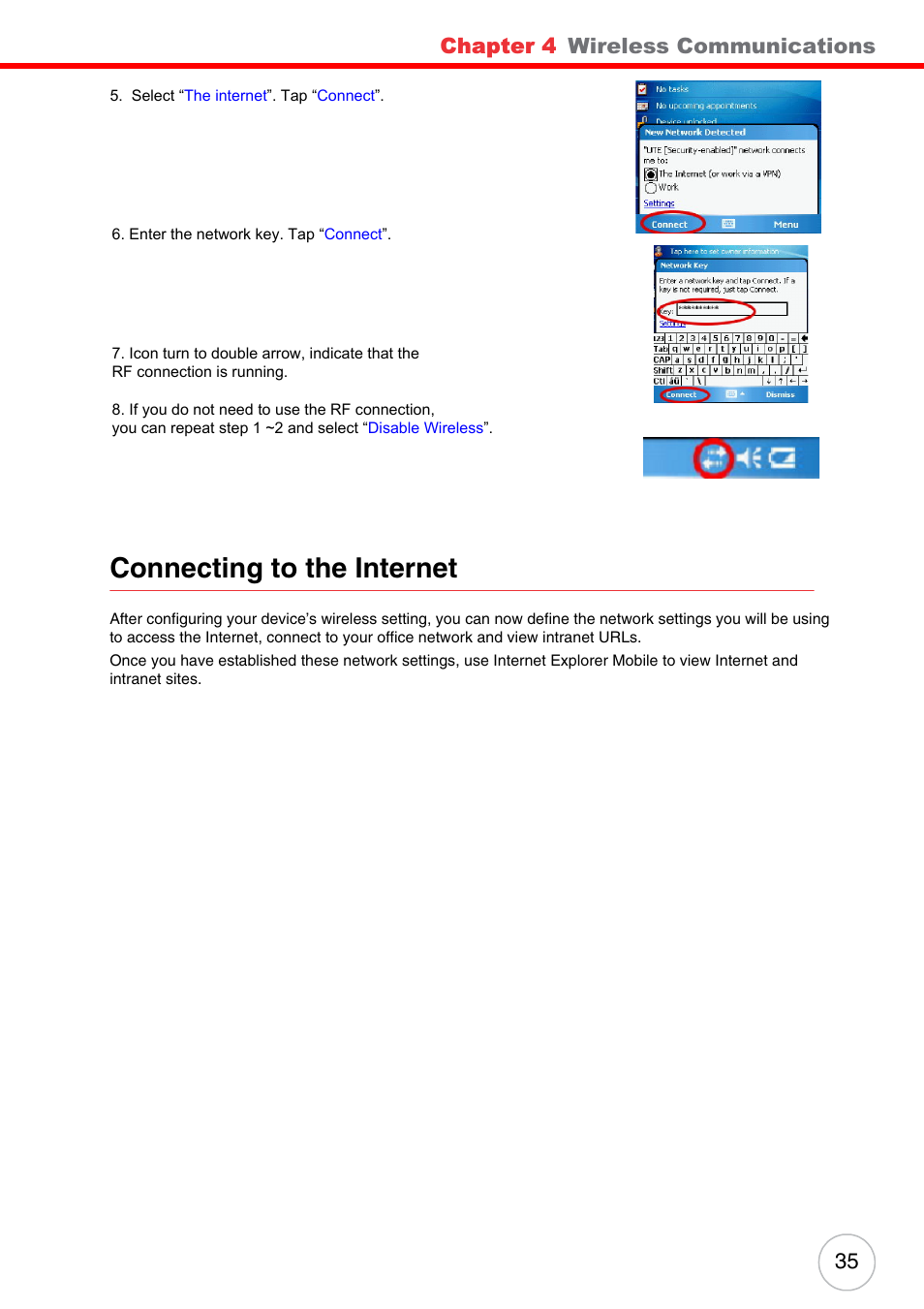 Connecting to the internet, Chapter 4, Wireless communications | Unitech PA500 User Manual | Page 41 / 84