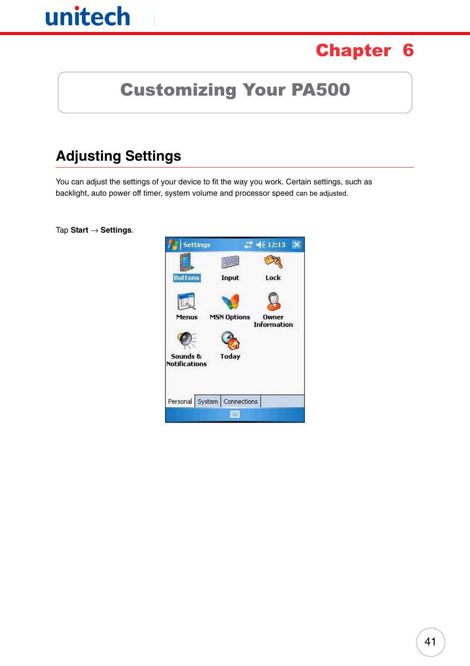 Chapter 6 customizing your pa500, Adjusting settings, Chapter 6 | Customizing your pa500 | Unitech PA500 User Manual | Page 47 / 84