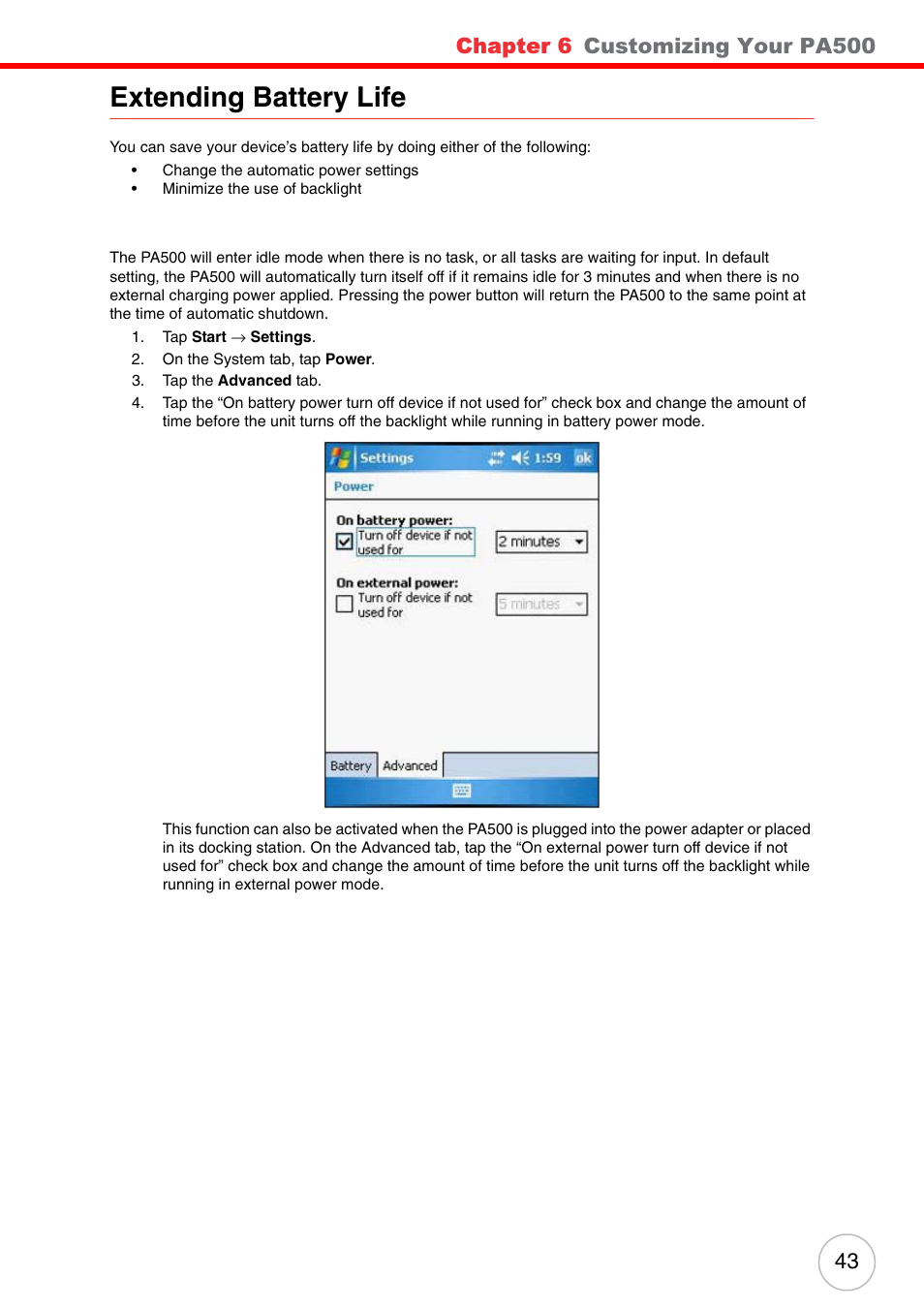 Extending battery life, Chapter 6, Customizing your pa500 | Unitech PA500 User Manual | Page 49 / 84