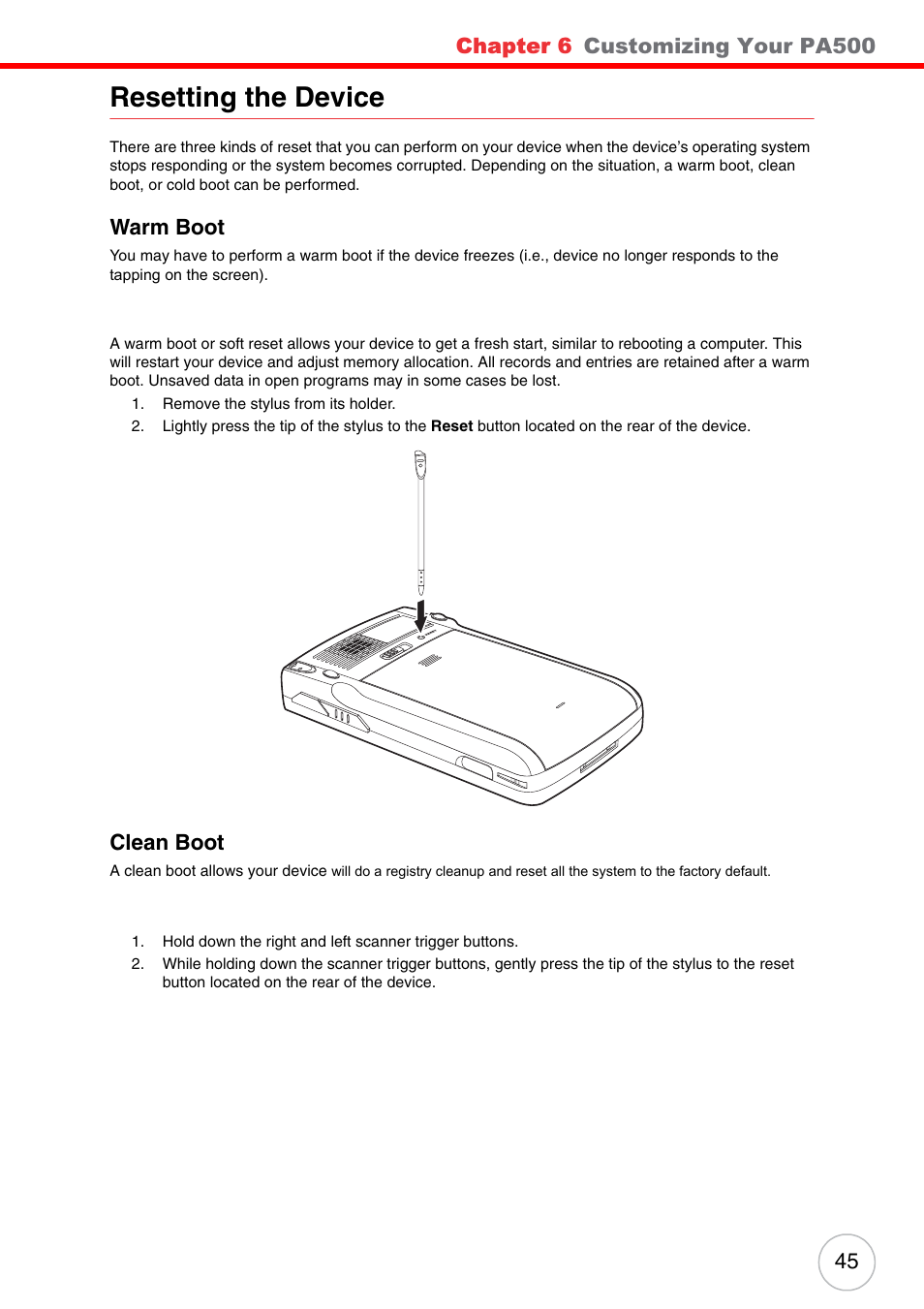 Resetting the device, Warm boot, Clean boot | Warm boot clean boot, Chapter 6, Customizing your pa500 | Unitech PA500 User Manual | Page 51 / 84