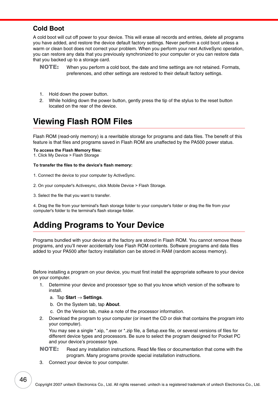 Cold boot, Viewing flash rom files, Adding programs to your device | Unitech PA500 User Manual | Page 52 / 84