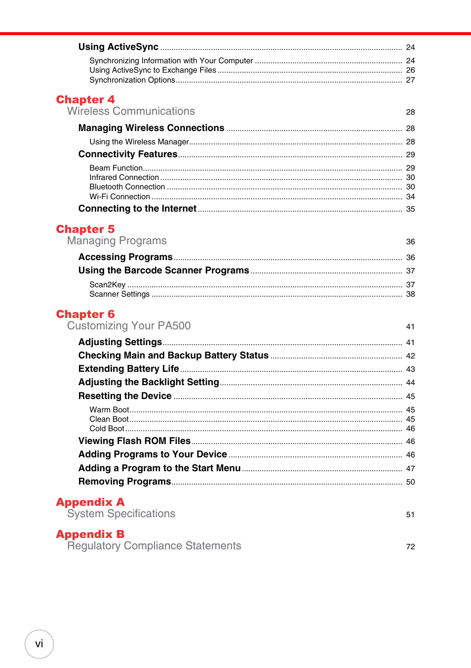 Chapter 4 wireless communications, Chapter 5 managing programs, Chapter 6 customizing your pa500 | Appendix a system specifications, Appendix b regulatory compliance statements | Unitech PA500 User Manual | Page 6 / 84