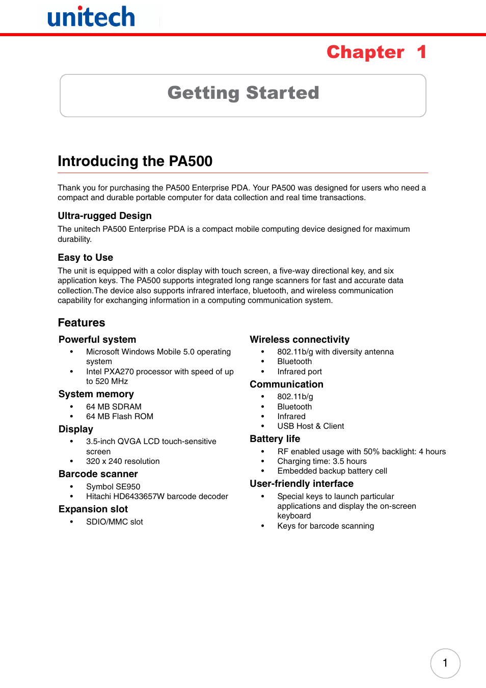 Chapter 1 getting started, Introducing the pa500, Features | Chapter 1, Getting started | Unitech PA500 User Manual | Page 7 / 84