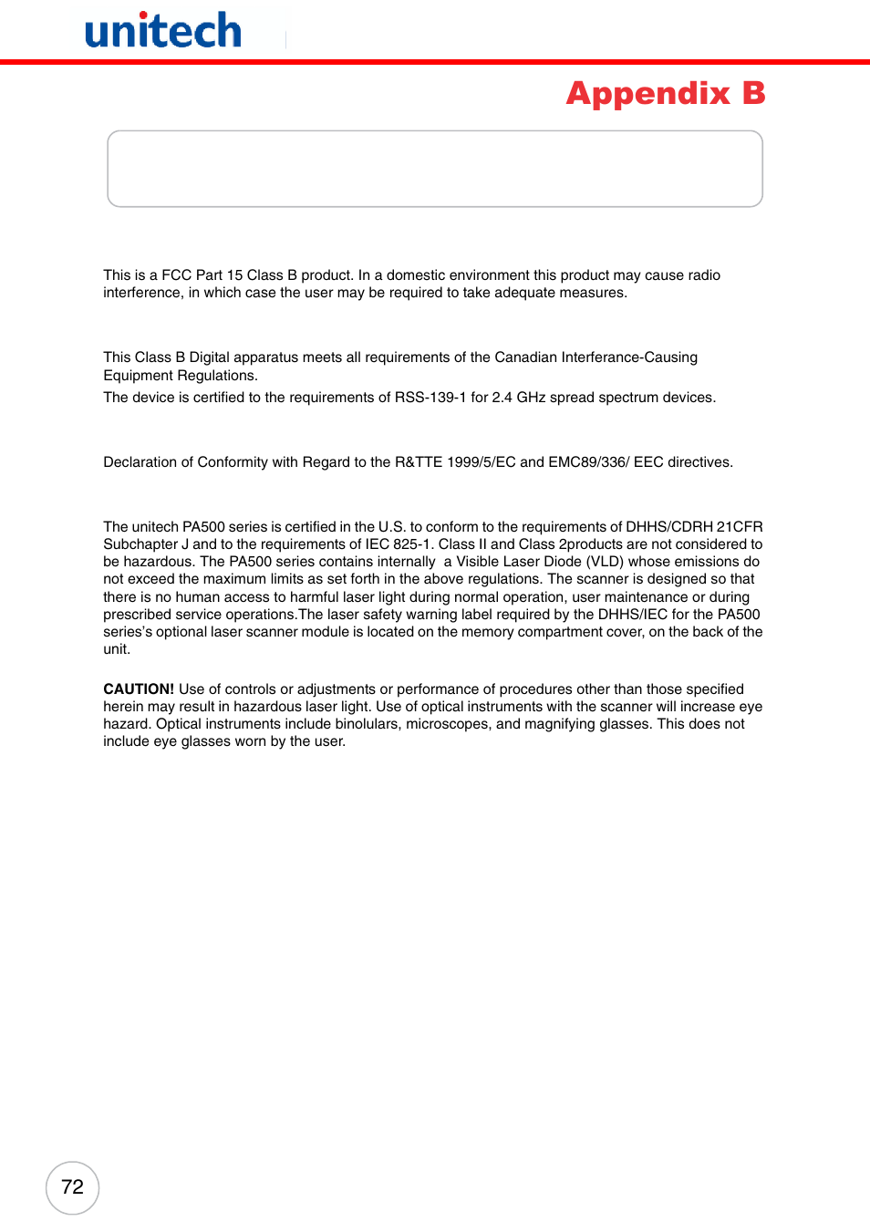 Appendix b regulatory compliance statements, Appendix b, Regulatory compliance statements | Unitech PA500 User Manual | Page 78 / 84