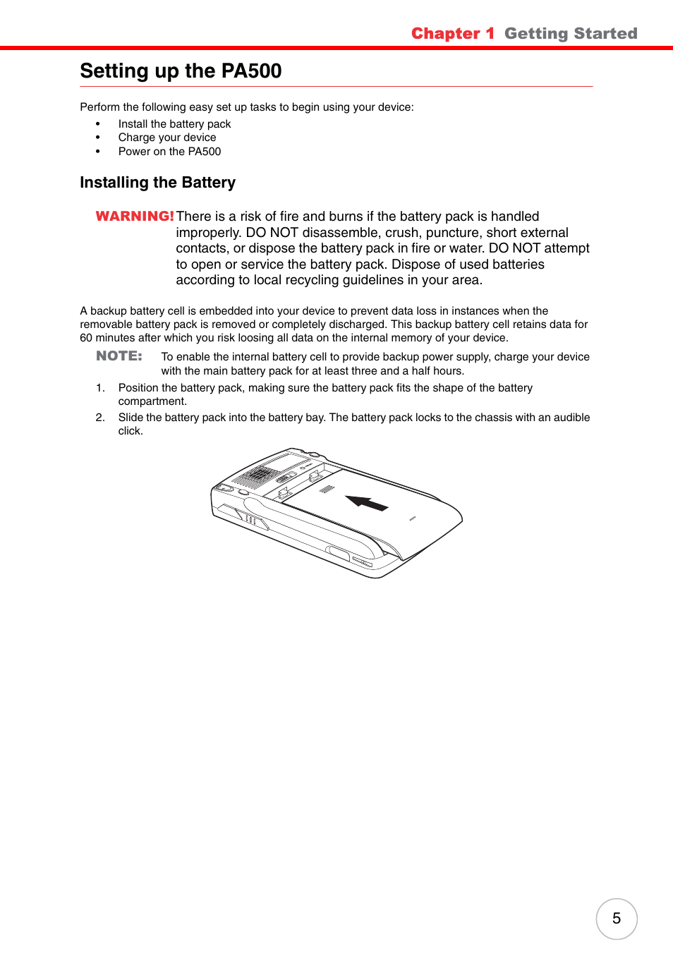 Setting up the pa500, Installing the battery, Chapter 1 | Getting started | Unitech ENTERPRISE PA500 User Manual | Page 11 / 84