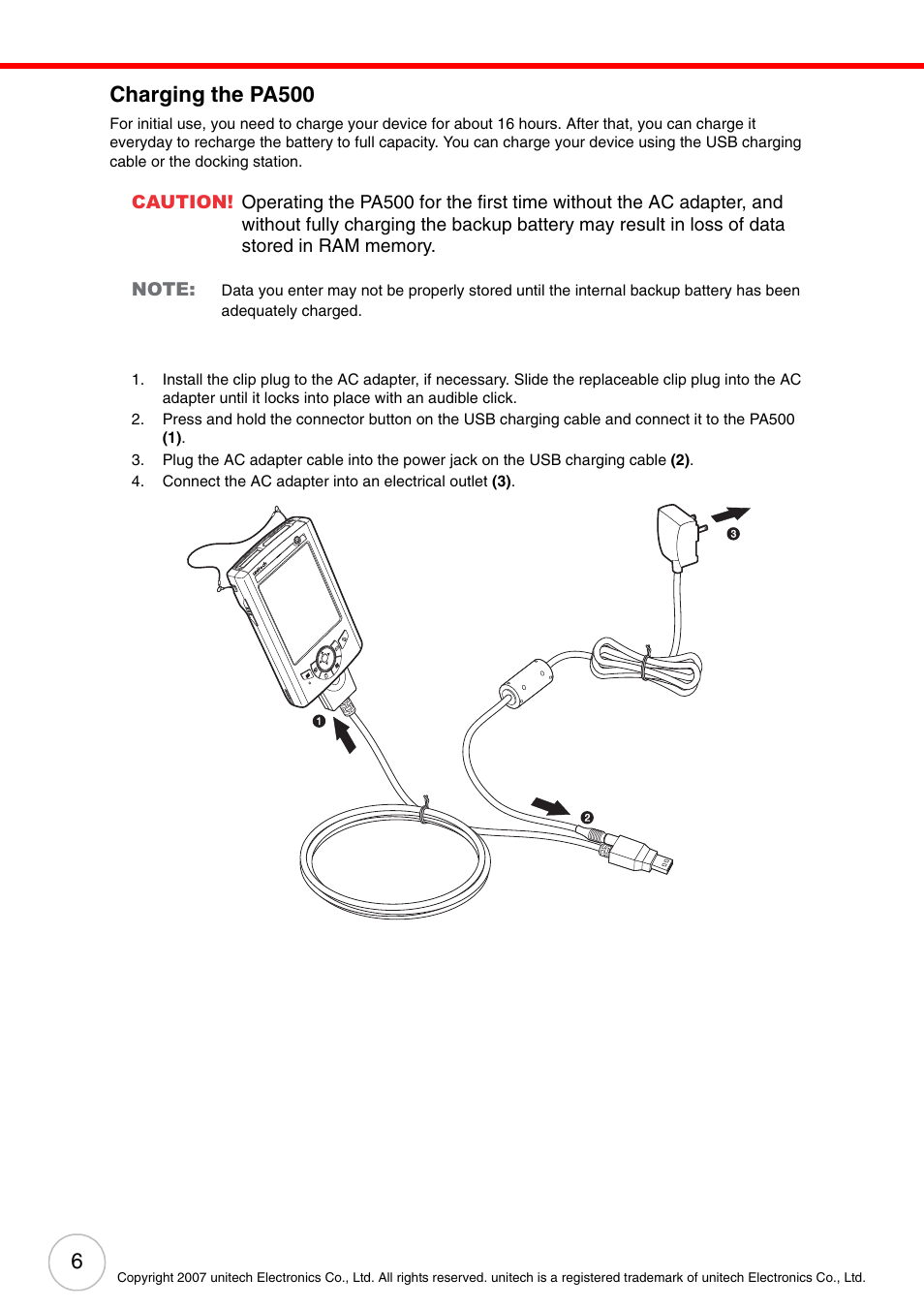 Charging the pa500 | Unitech ENTERPRISE PA500 User Manual | Page 12 / 84