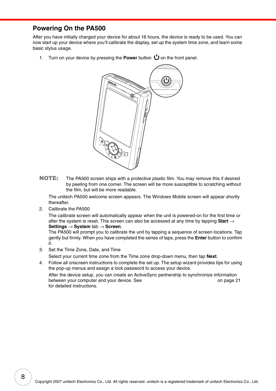 Powering on the pa500 | Unitech ENTERPRISE PA500 User Manual | Page 14 / 84