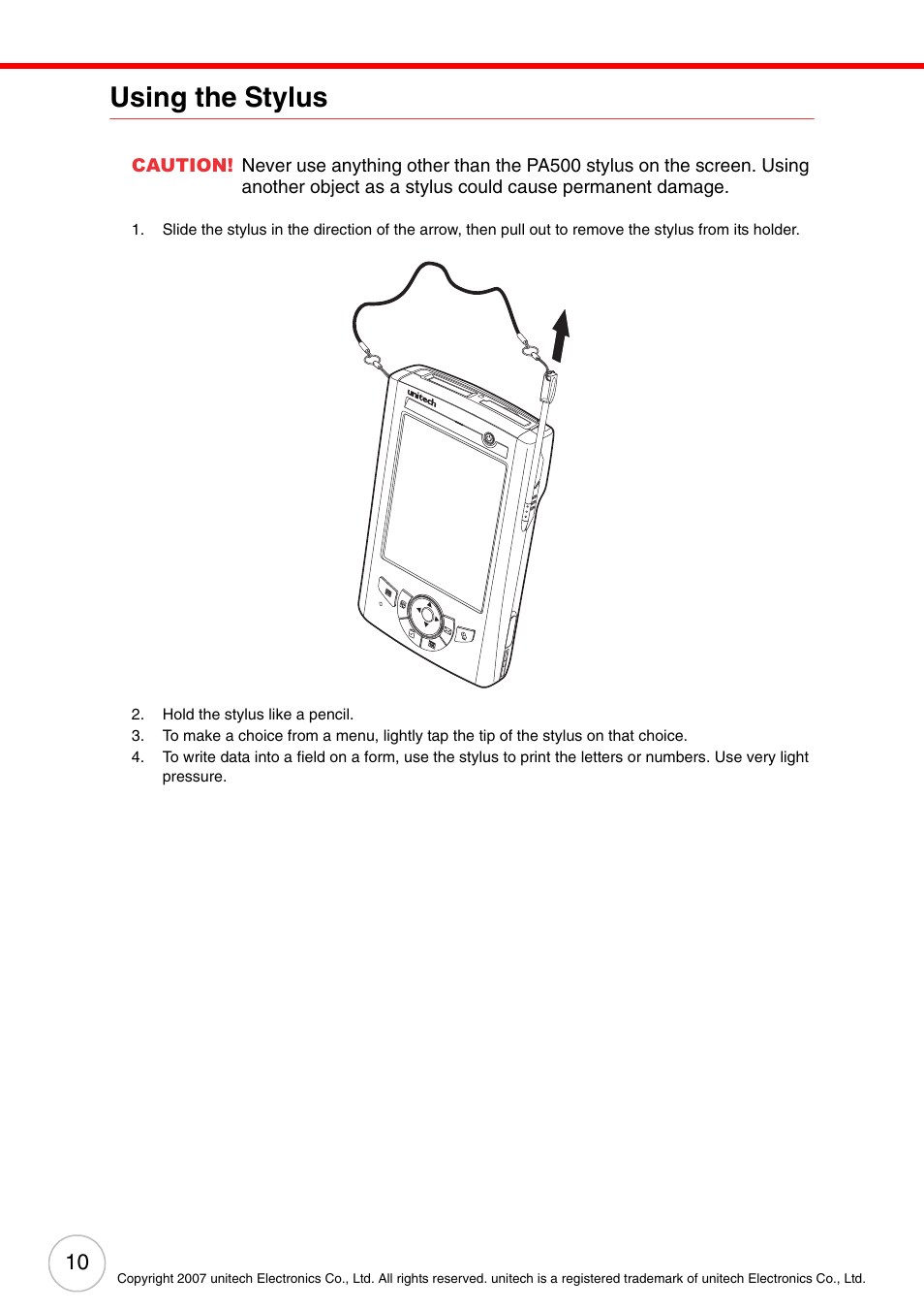 Using the stylus | Unitech ENTERPRISE PA500 User Manual | Page 16 / 84