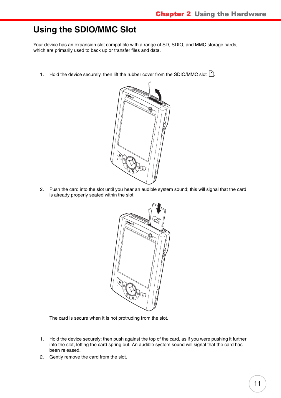 Using the sdio/mmc slot, Chapter 2, Using the hardware | Unitech ENTERPRISE PA500 User Manual | Page 17 / 84