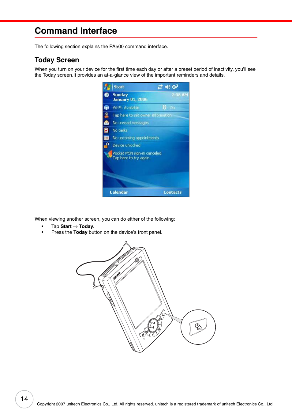 Command interface, Today screen | Unitech ENTERPRISE PA500 User Manual | Page 20 / 84