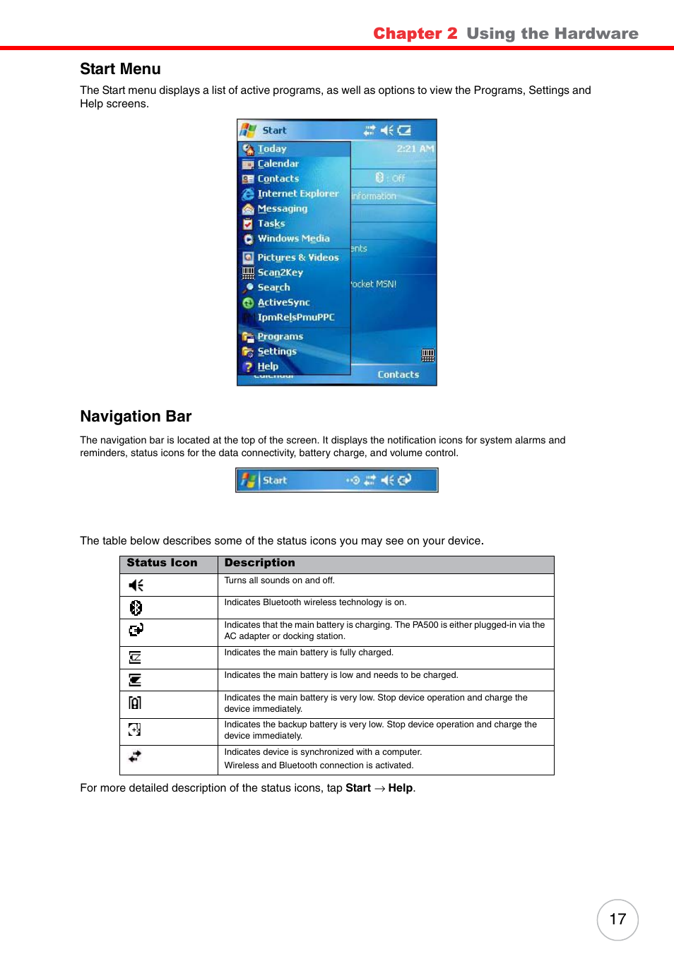 Start menu, Navigation bar, Start menu navigation bar | Chapter 2, Using the hardware, 17 start menu | Unitech ENTERPRISE PA500 User Manual | Page 23 / 84