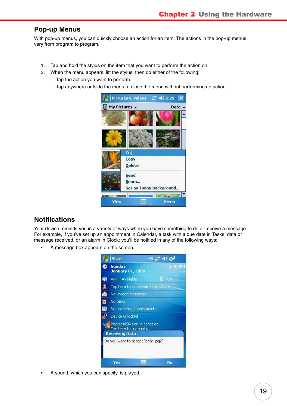 Pop-up menus, Notifications, Pop-up menus notifications | Chapter 2, Using the hardware, 19 pop-up menus | Unitech ENTERPRISE PA500 User Manual | Page 25 / 84