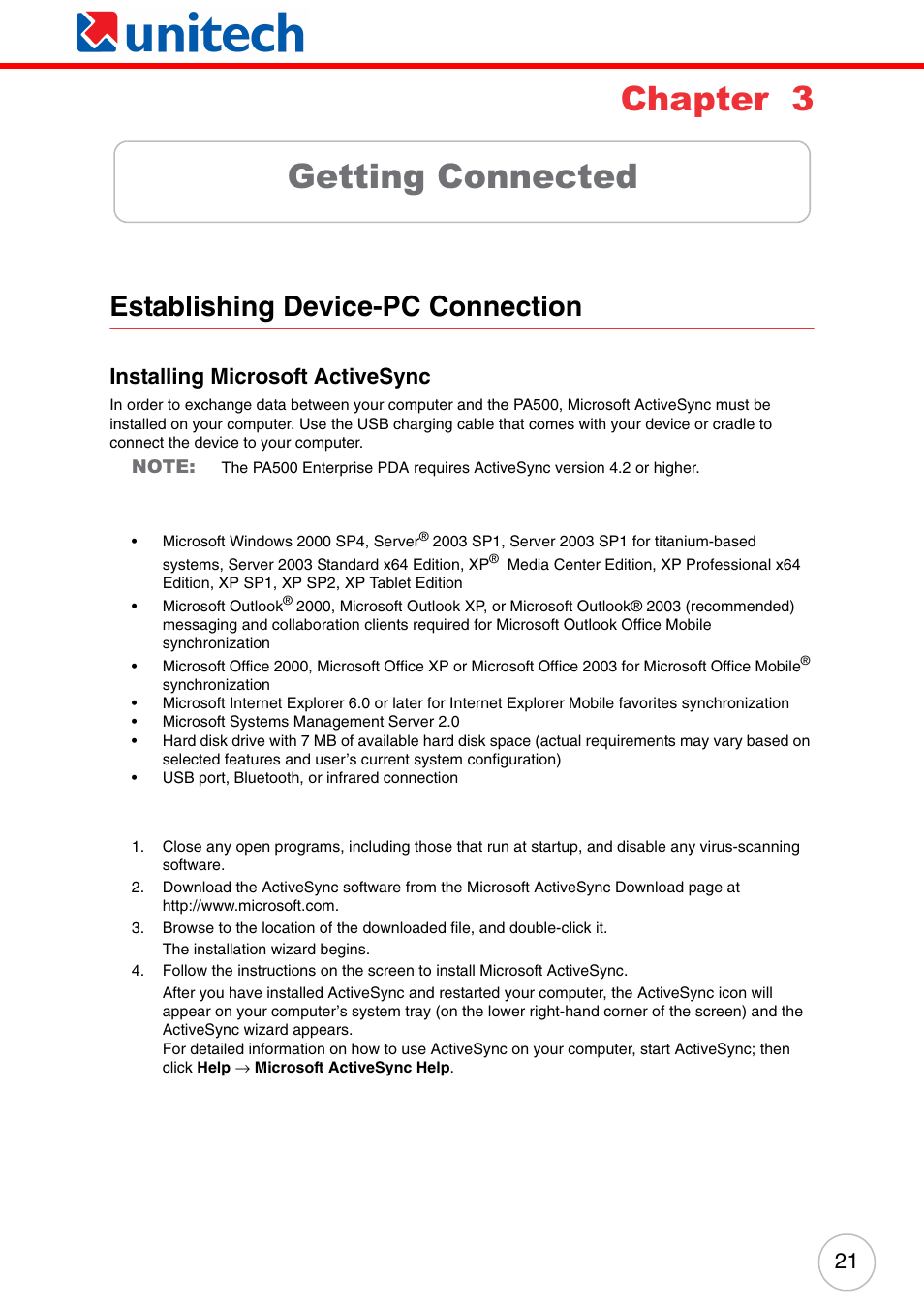 Chapter 3 getting connected, Establishing device-pc connection, Installing microsoft activesync | Chapter 3, Getting connected | Unitech ENTERPRISE PA500 User Manual | Page 27 / 84