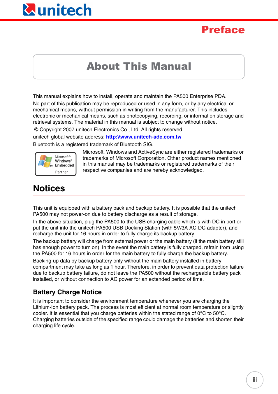 About this manual, Notices, Battery charge notice | Preface about this manual | Unitech ENTERPRISE PA500 User Manual | Page 3 / 84