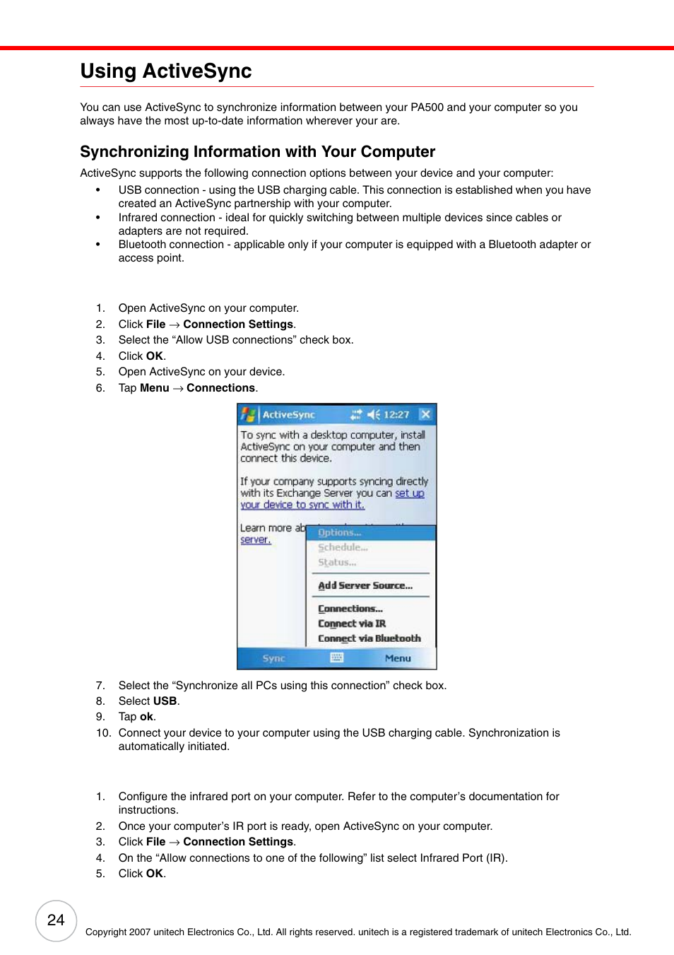 Using activesync, Synchronizing information with your computer | Unitech ENTERPRISE PA500 User Manual | Page 30 / 84