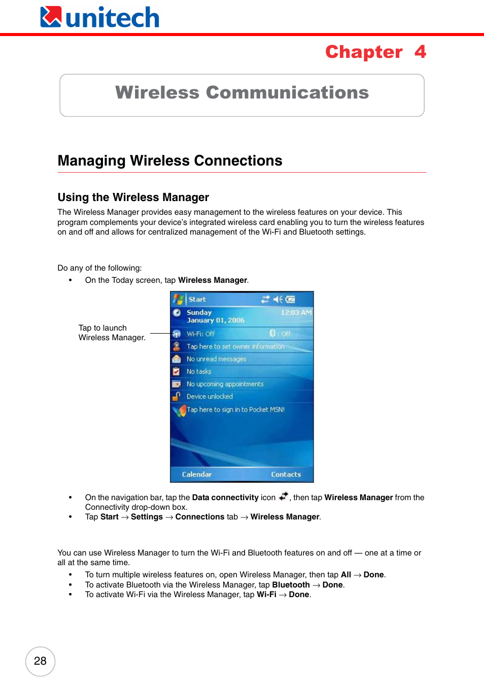 Chapter 4 wireless communications, Managing wireless connections, Using the wireless manager | Chapter 4, Wireless communications | Unitech ENTERPRISE PA500 User Manual | Page 34 / 84