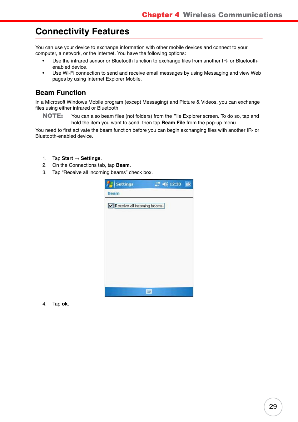 Connectivity features, Beam function, Chapter 4 | Wireless communications | Unitech ENTERPRISE PA500 User Manual | Page 35 / 84