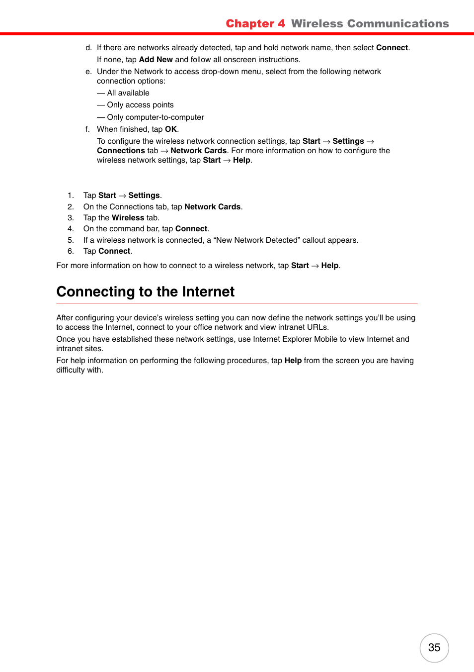 Connecting to the internet, Chapter 4, Wireless communications | Unitech ENTERPRISE PA500 User Manual | Page 41 / 84