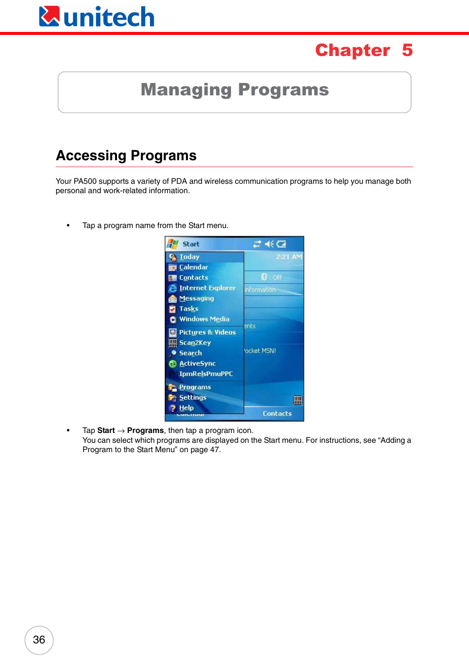 Chapter 5 managing programs, Accessing programs, Chapter 5 | Managing programs | Unitech ENTERPRISE PA500 User Manual | Page 42 / 84