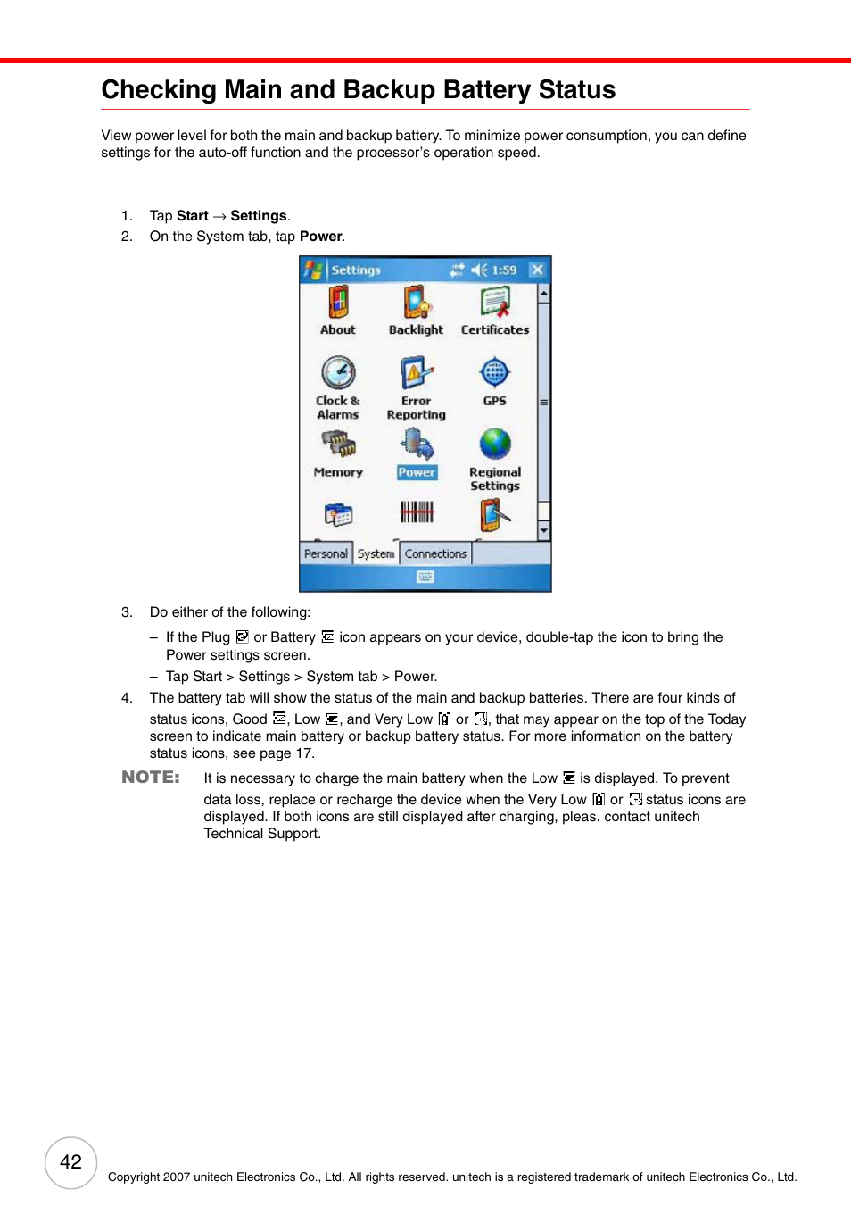 Checking main and backup battery status | Unitech ENTERPRISE PA500 User Manual | Page 48 / 84