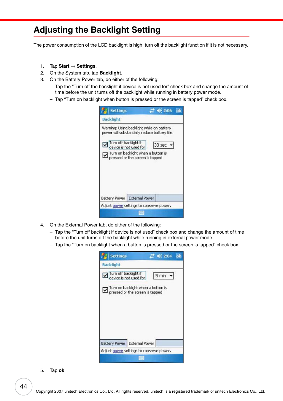 Adjusting the backlight setting | Unitech ENTERPRISE PA500 User Manual | Page 50 / 84