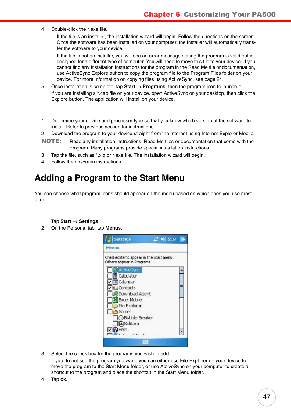 Adding a program to the start menu, Chapter 6, Customizing your pa500 | Unitech ENTERPRISE PA500 User Manual | Page 53 / 84