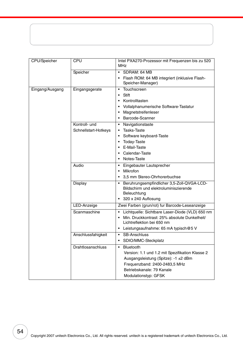Technische daten des systems | Unitech ENTERPRISE PA500 User Manual | Page 60 / 84