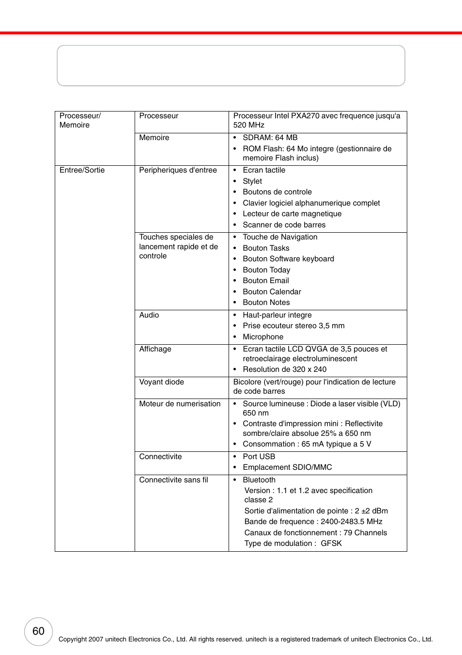 Specifications du systeme | Unitech ENTERPRISE PA500 User Manual | Page 66 / 84