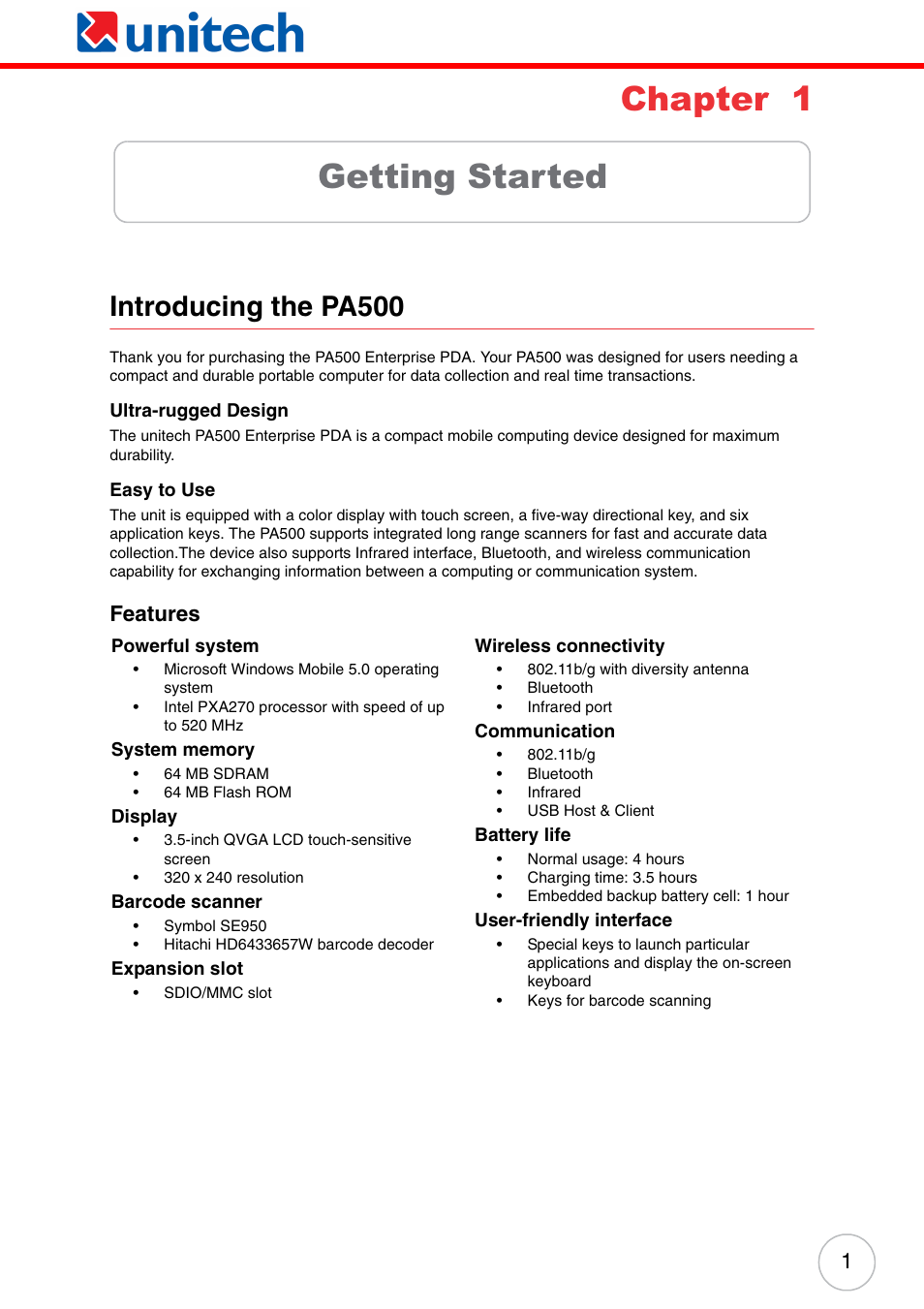 Chapter 1 getting started, Introducing the pa500, Features | Chapter 1, Getting started | Unitech ENTERPRISE PA500 User Manual | Page 7 / 84