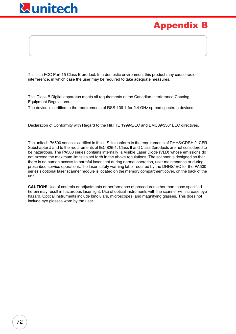 Appendix b regulatory compliance statements, Appendix b, Regulatory compliance statements | Unitech ENTERPRISE PA500 User Manual | Page 78 / 84