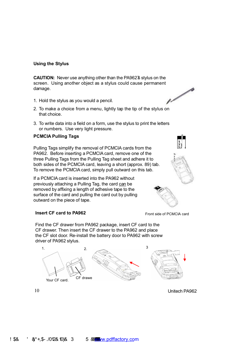 Using the stylus, Pcmcia pulling tags, Insert cf card to pa962 | Unitech PA962 User Manual | Page 10 / 51