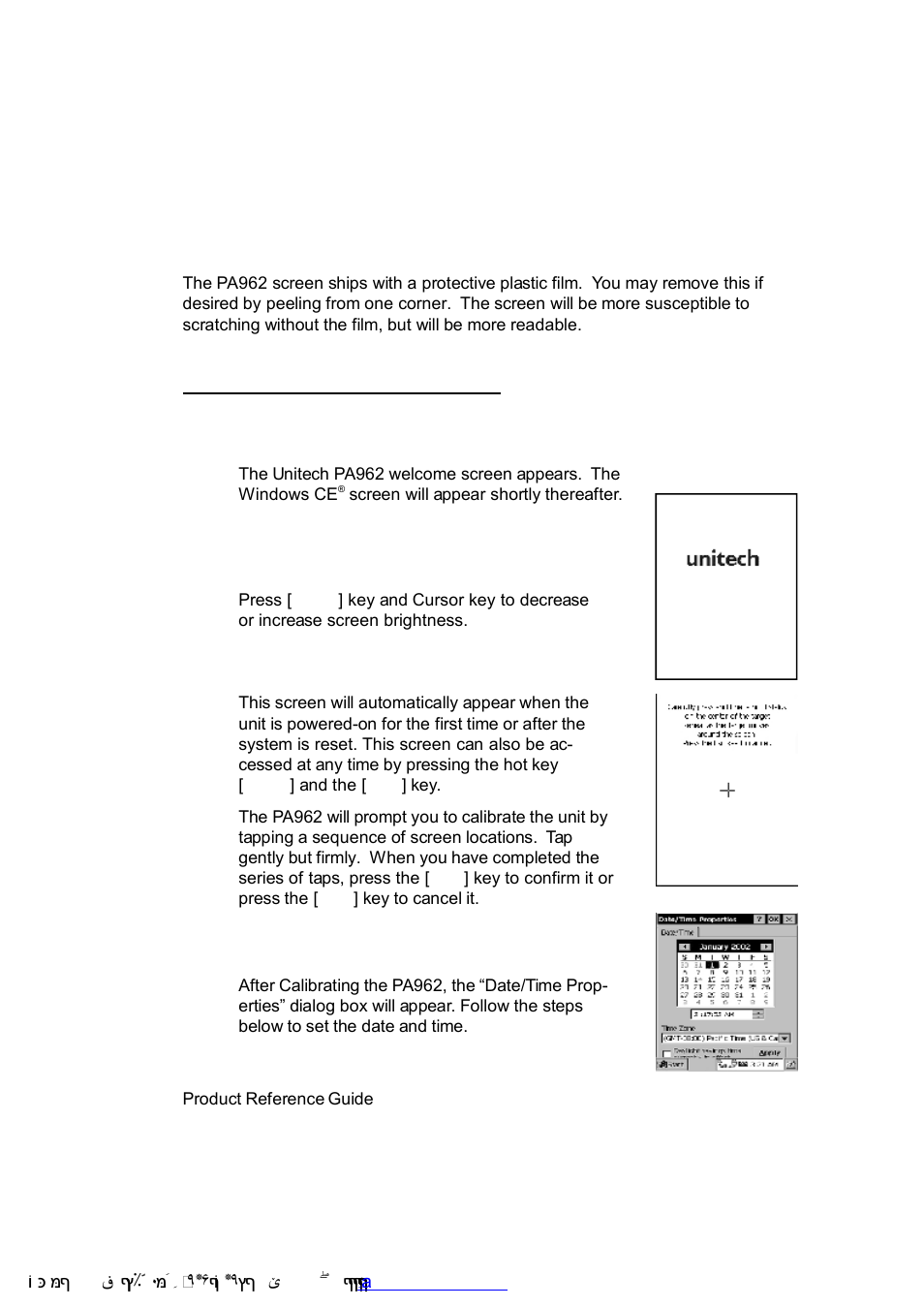Protective screen film, First operation of the unitech pa962, Pressing the on/off key | Adjusting screen contrast, Calibrating the pa962, Setting time zone, date, and time | Unitech PA962 User Manual | Page 11 / 51