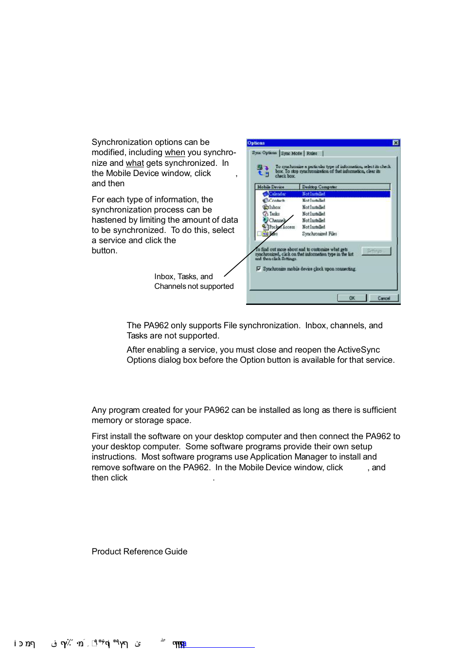 Changing synchronization options, Installing and removing software | Unitech PA962 User Manual | Page 33 / 51