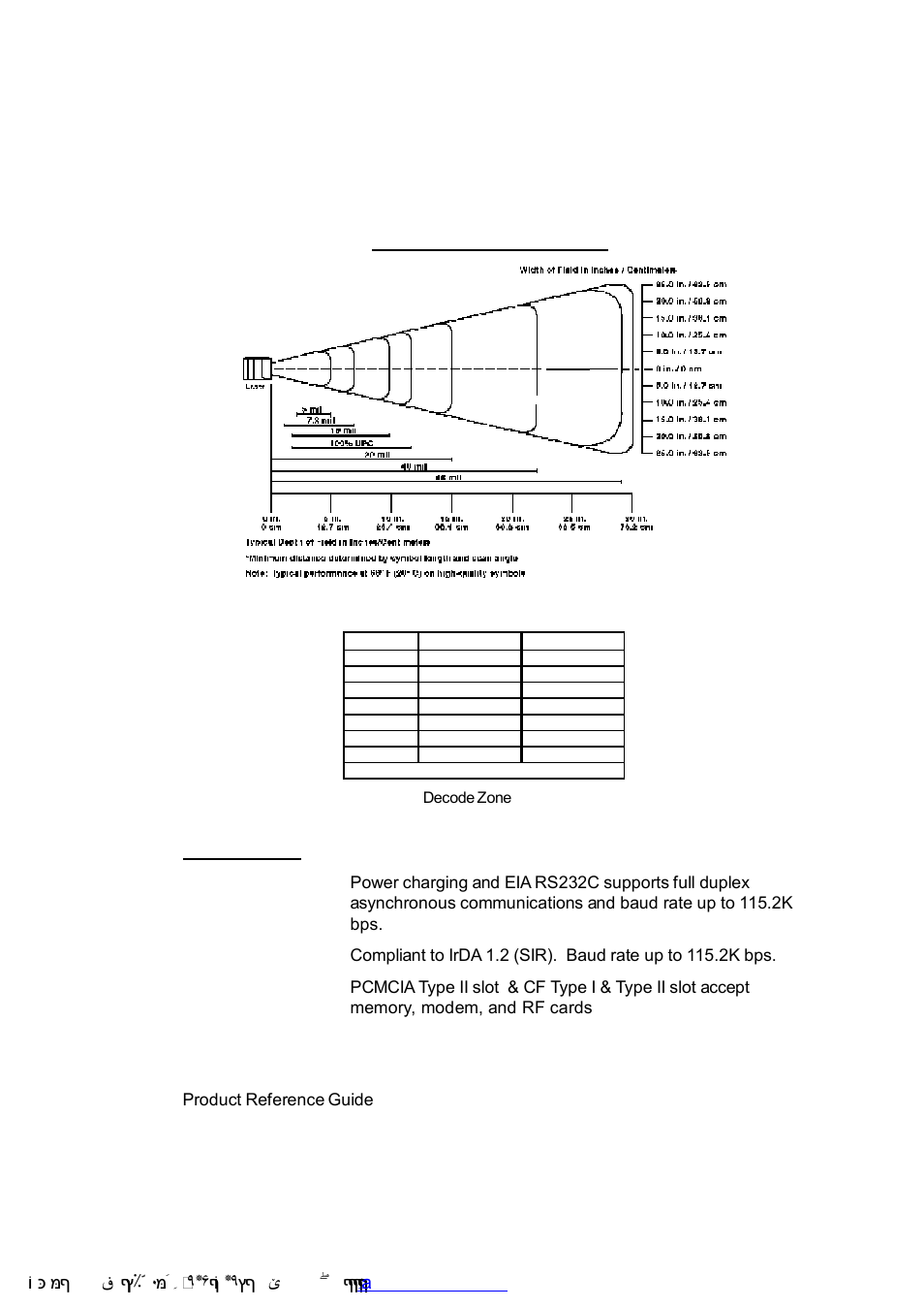 Laser typical depth of field interface port, Product reference guide, Decode zone | Unitech PA962 User Manual | Page 45 / 51