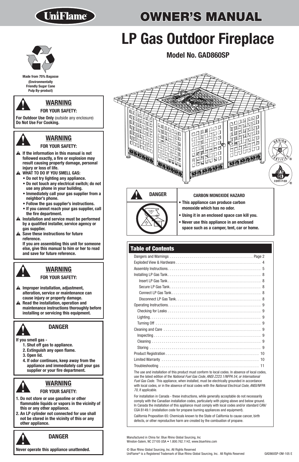 Uniflame GAD860SP User Manual | 12 pages