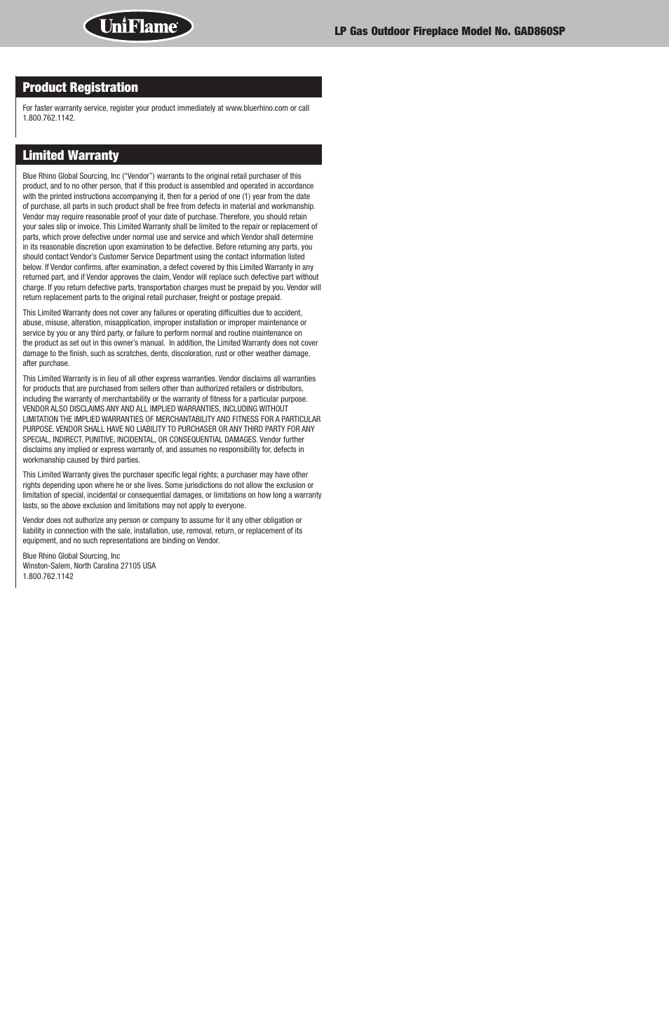 Product registration, Limited warranty | Uniflame GAD860SP User Manual | Page 10 / 12
