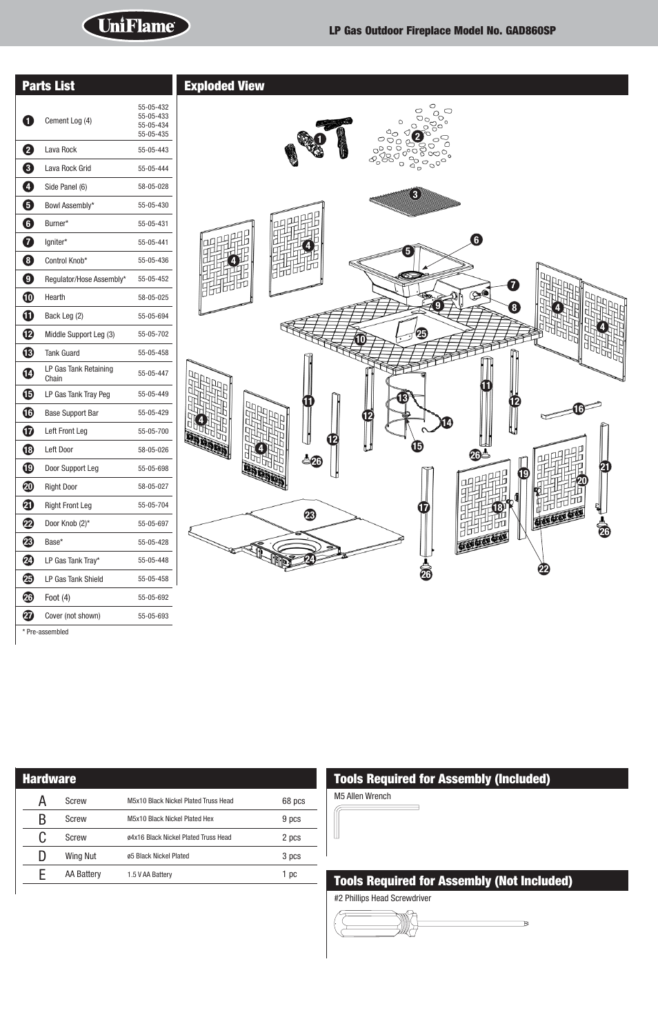 Parts list, Tools required for assembly (included), Tools required for assembly (not included) | Exploded view, Hardware | Uniflame GAD860SP User Manual | Page 4 / 12
