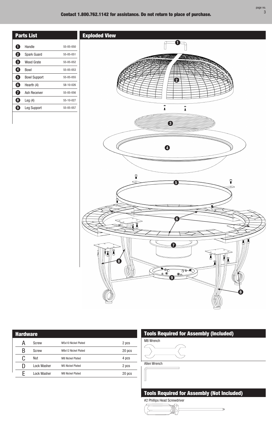 Parts list, Hardware, Exploded view | Tools required for assembly (included), Tools required for assembly (not included) | Uniflame WAD906SP User Manual | Page 3 / 8