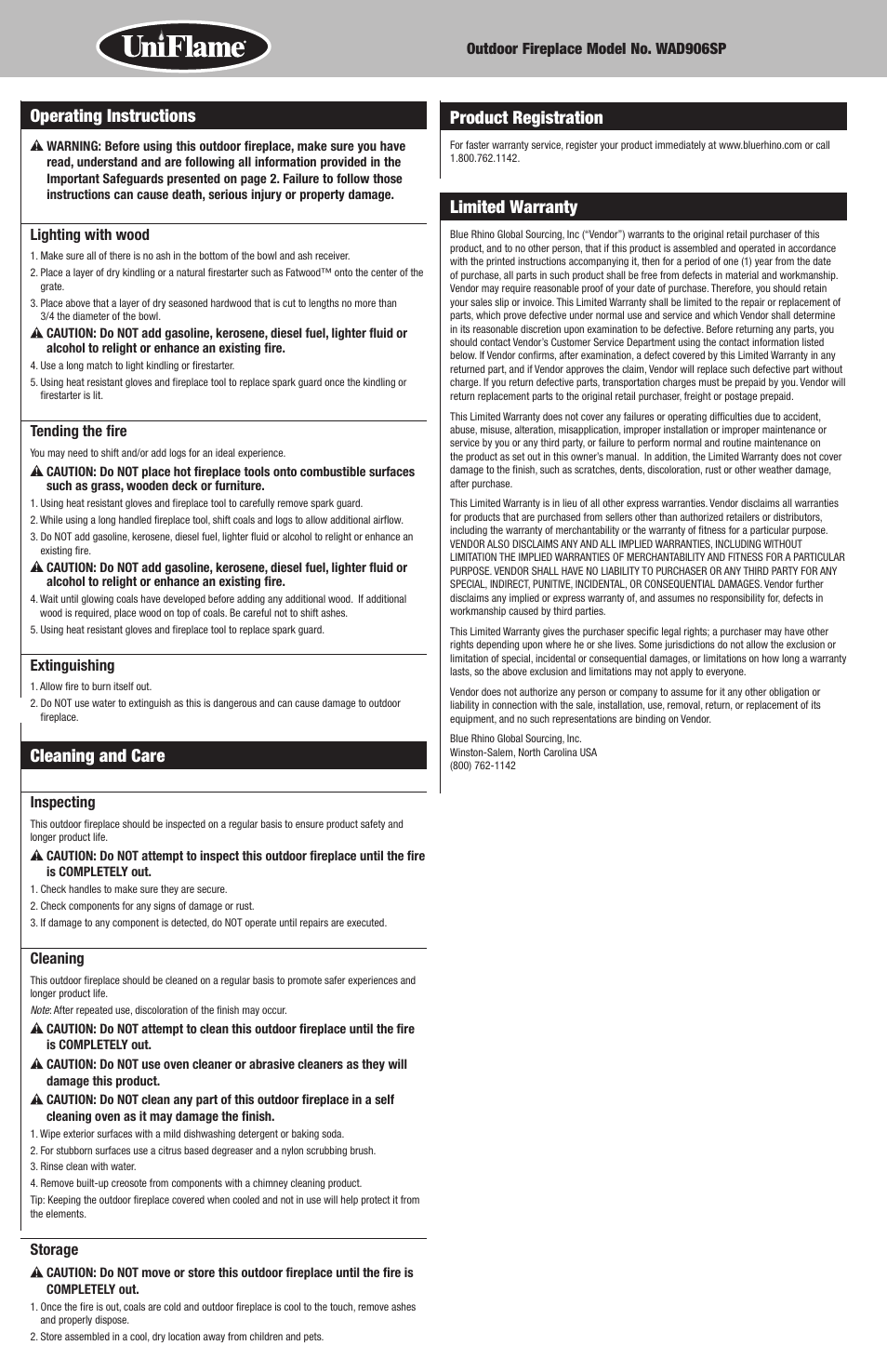 Cleaning and care, Product registration, Limited warranty | Operating instructions | Uniflame WAD906SP User Manual | Page 6 / 8