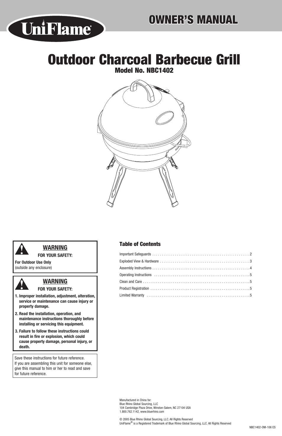 Uniflame Outdoor Charcoal Barbecue Grill NBC1402 User Manual | 12 pages