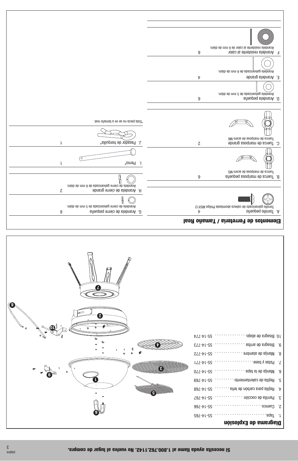 Diagrama de explosión, Elementos de ferretería / tamaño real | Uniflame Outdoor Charcoal Barbecue Grill NBC1402 User Manual | Page 10 / 12