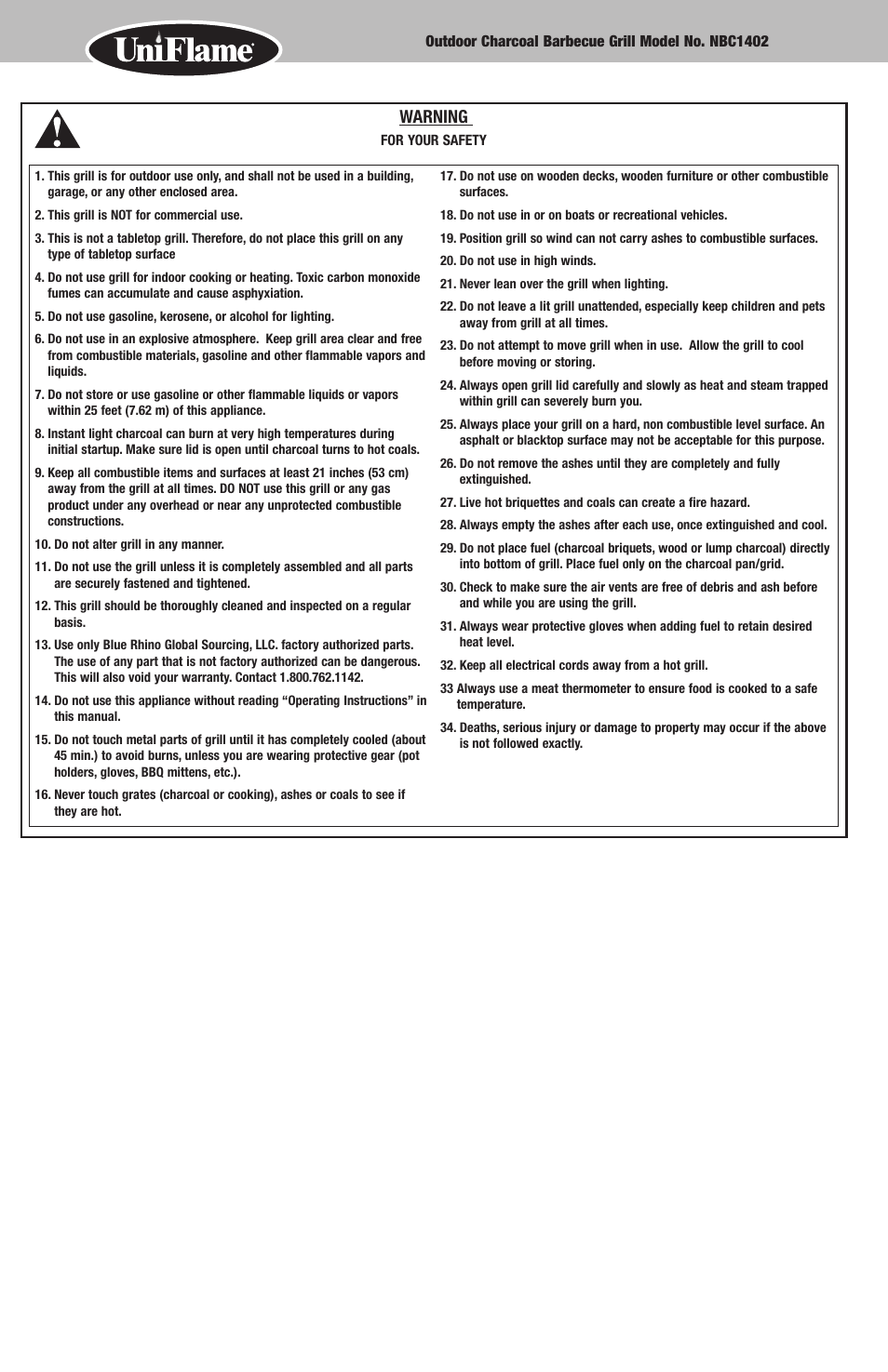 Warning | Uniflame Outdoor Charcoal Barbecue Grill NBC1402 User Manual | Page 2 / 12