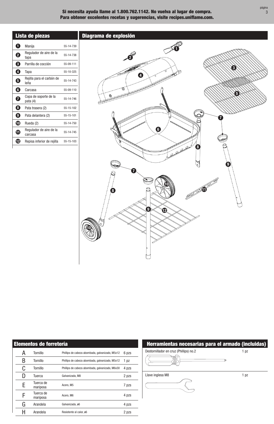 Lista de piezas, Diagrama de explosión, Elementos de ferretería | Herramientas necesarias para el armado (incluidas) | Uniflame CBC900WRS User Manual | Page 11 / 16