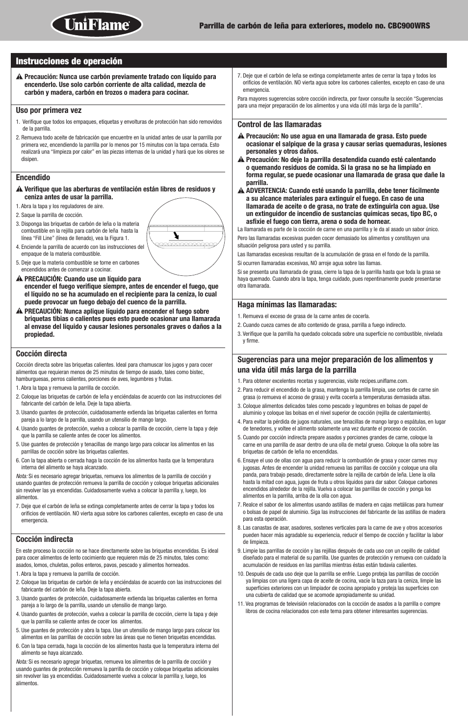 Instrucciones de operación | Uniflame CBC900WRS User Manual | Page 14 / 16